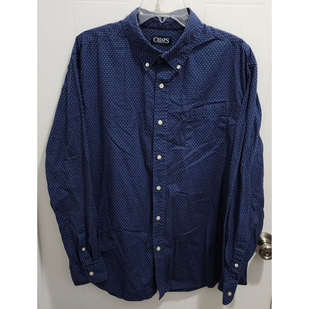 CHAPS Navy Blue Polka Dot Button Down Long Sleeve Shirt Size XL 100% Cotton